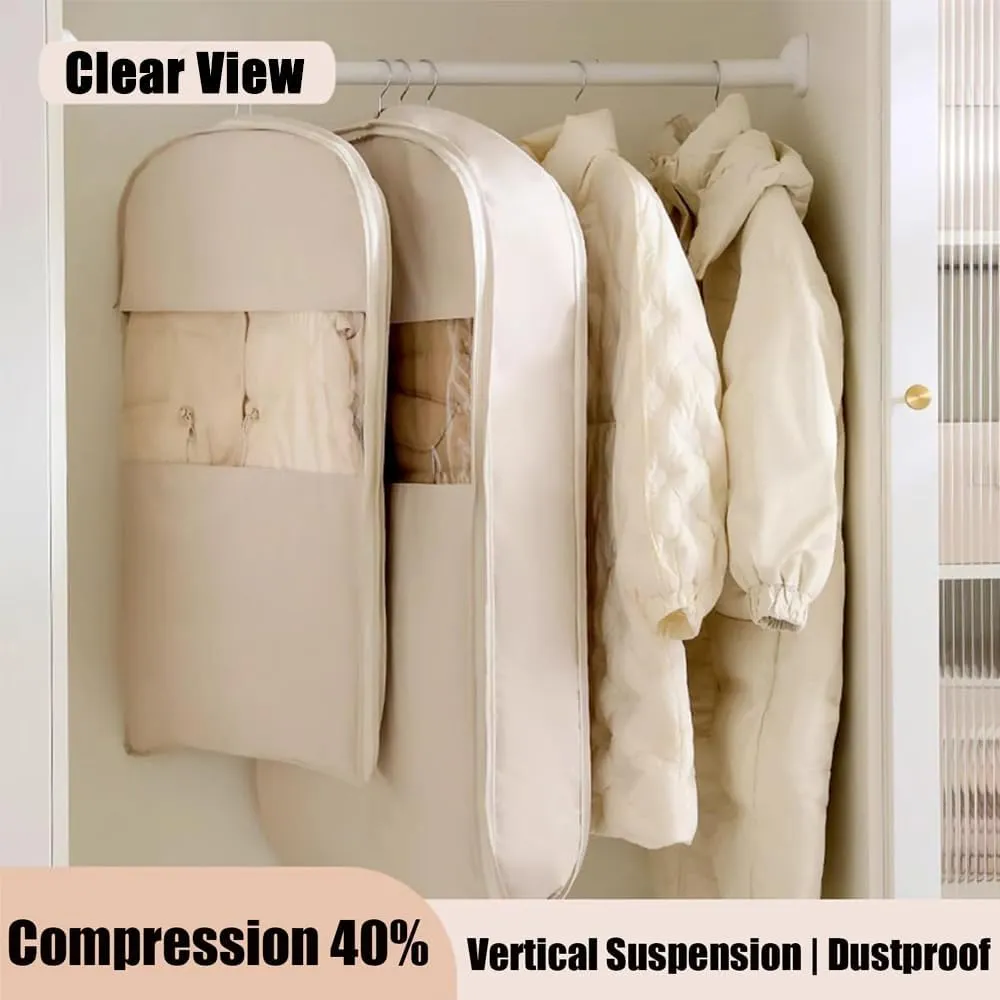 Space Saving Hanging Garment Bag with Self Compression Zipper, Space Saver Garment Bags for Hanging Clothes Foldable, Dust Cover Clothes Bags for Down Coat (Beige,Medium)