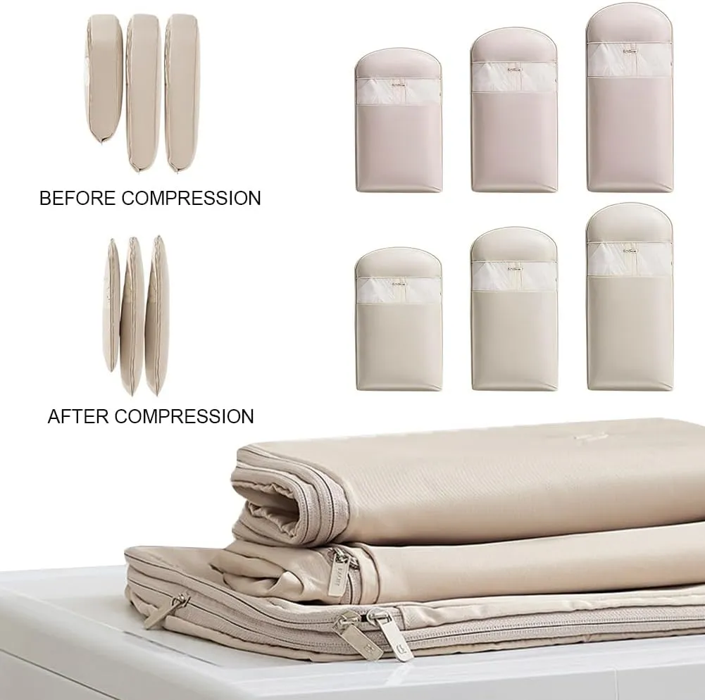 Space Saving Hanging Garment Bag with Self Compression Zipper,Space Saver Closet Organizers,Dust Cover Clothes Bags for Down Coat (Beige, L)