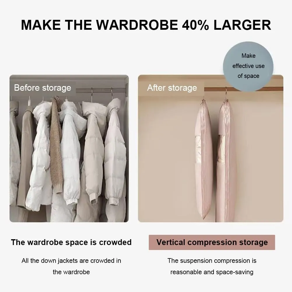 Space Saving Hanging Garment Bag with Self Compression Zipper,Space Saver Closet Organizers,Dust Cover Clothes Bags for Down Coat (Beige, L)