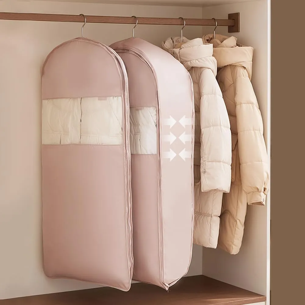 Space Saving Hanging Garment Bag with Self Compression Zipper,Space Saver Closet Organizers,Dust Cover Clothes Bags for Down Coat (Pink, M)