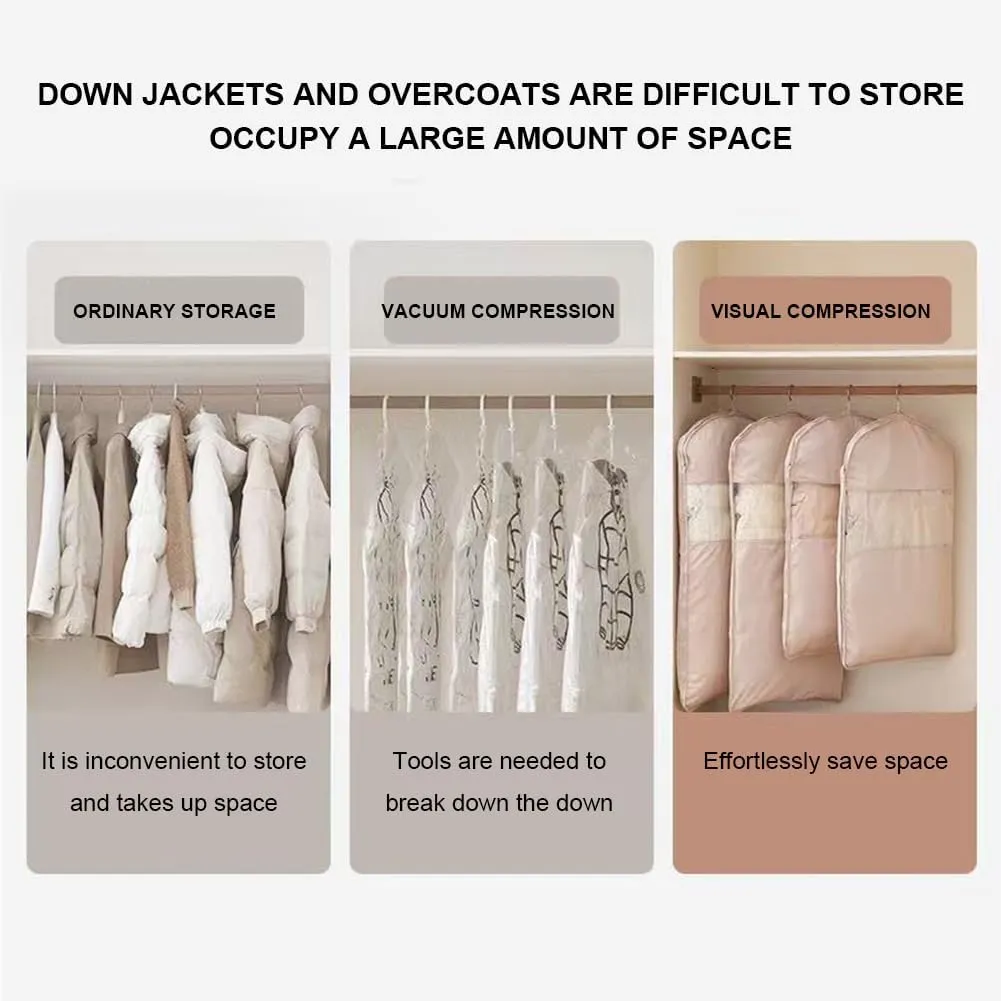 Space Saving Hanging Garment Bag with Self Compression Zipper,Space Saver Closet Organizers,Dust Cover Clothes Bags for Down Coat (Pink, M)