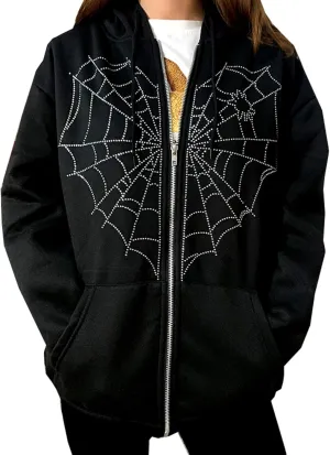 Spider Web Rhinestone Hoodie for Men Women, Long Sleeve Zip Up Glitter Gothic Y2K Jacket Cool Streetwear