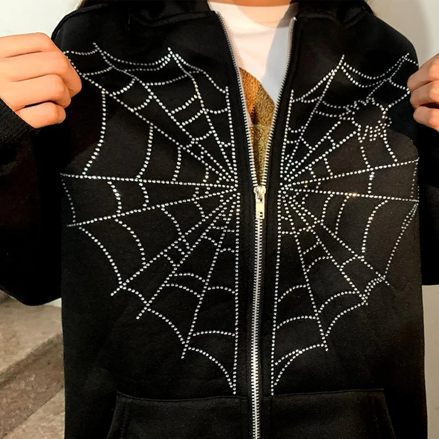 Spider Web Rhinestone Hoodie for Men Women, Long Sleeve Zip Up Glitter Gothic Y2K Jacket Cool Streetwear