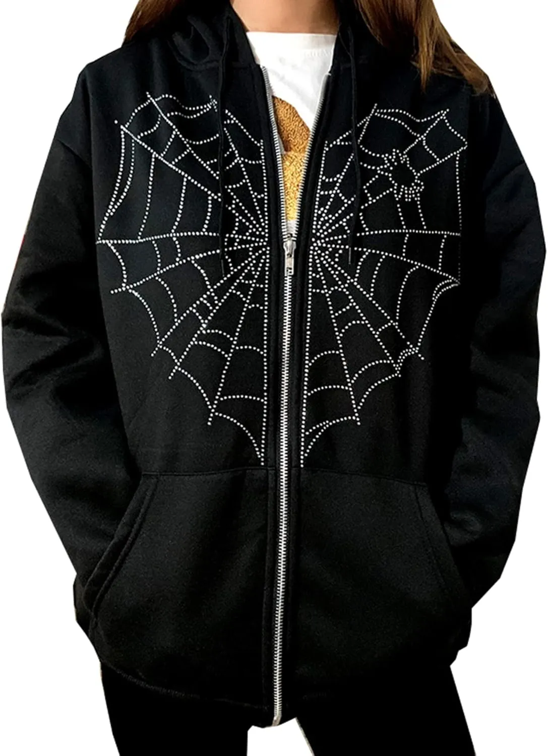 Spider Web Rhinestone Hoodie for Men Women, Long Sleeve Zip Up Glitter Gothic Y2K Jacket Cool Streetwear