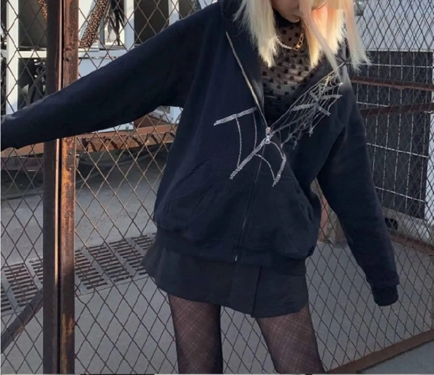 Spider Web Rhinestone Hoodie for Men Women, Long Sleeve Zip Up Glitter Gothic Y2K Jacket Cool Streetwear