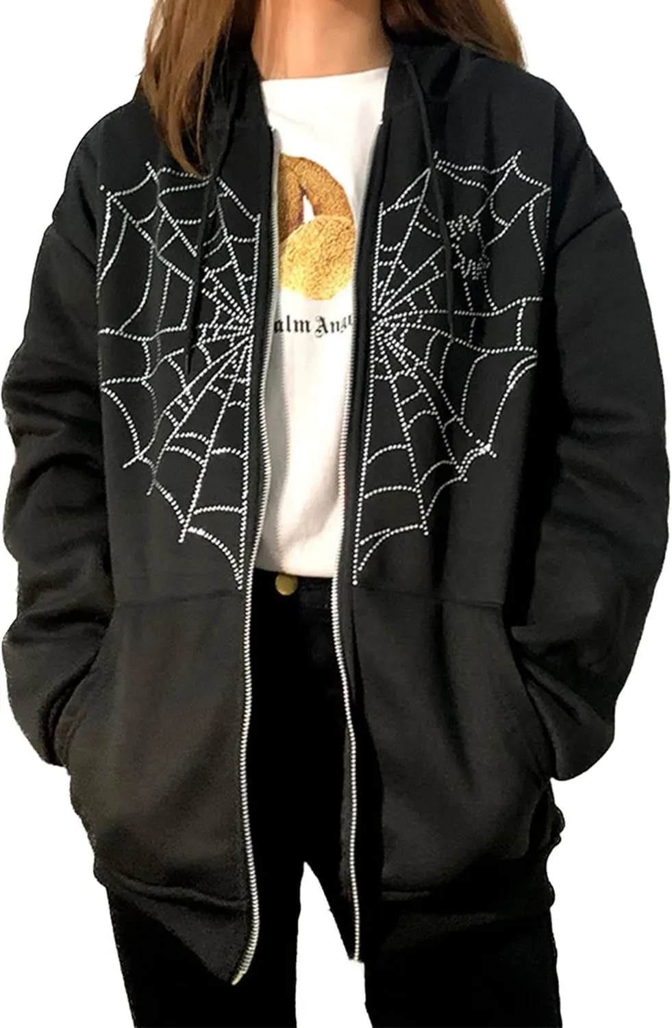 Spider Web Rhinestone Hoodie for Men Women, Long Sleeve Zip Up Glitter Gothic Y2K Jacket Cool Streetwear