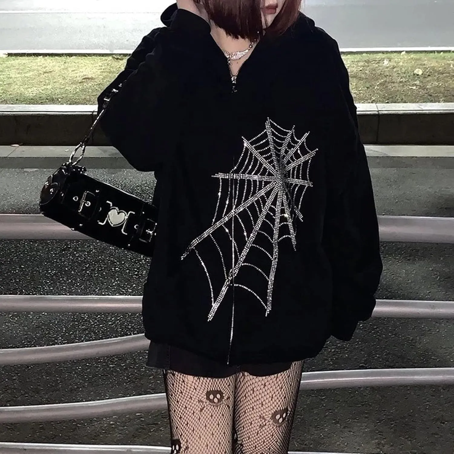 Spider Web Rhinestone Hoodie for Men Women, Long Sleeve Zip Up Glitter Gothic Y2K Jacket Cool Streetwear