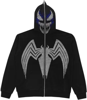 Spider Web Rhinestone Hoodie for Men Women, Long Sleeve Zip Up Glitter Gothic Y2K Jacket Cool Streetwear