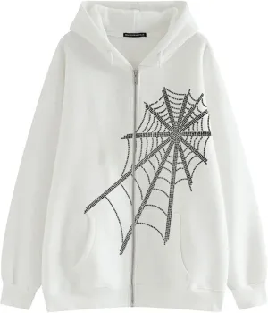 Spider Web Rhinestone Hoodie for Men Women, Long Sleeve Zip Up Glitter Gothic Y2K Jacket Cool Streetwear