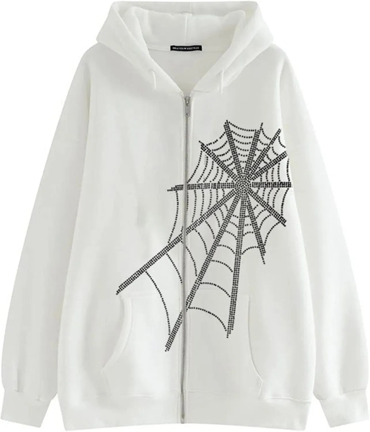 Spider Web Rhinestone Hoodie for Men Women, Long Sleeve Zip Up Glitter Gothic Y2K Jacket Cool Streetwear