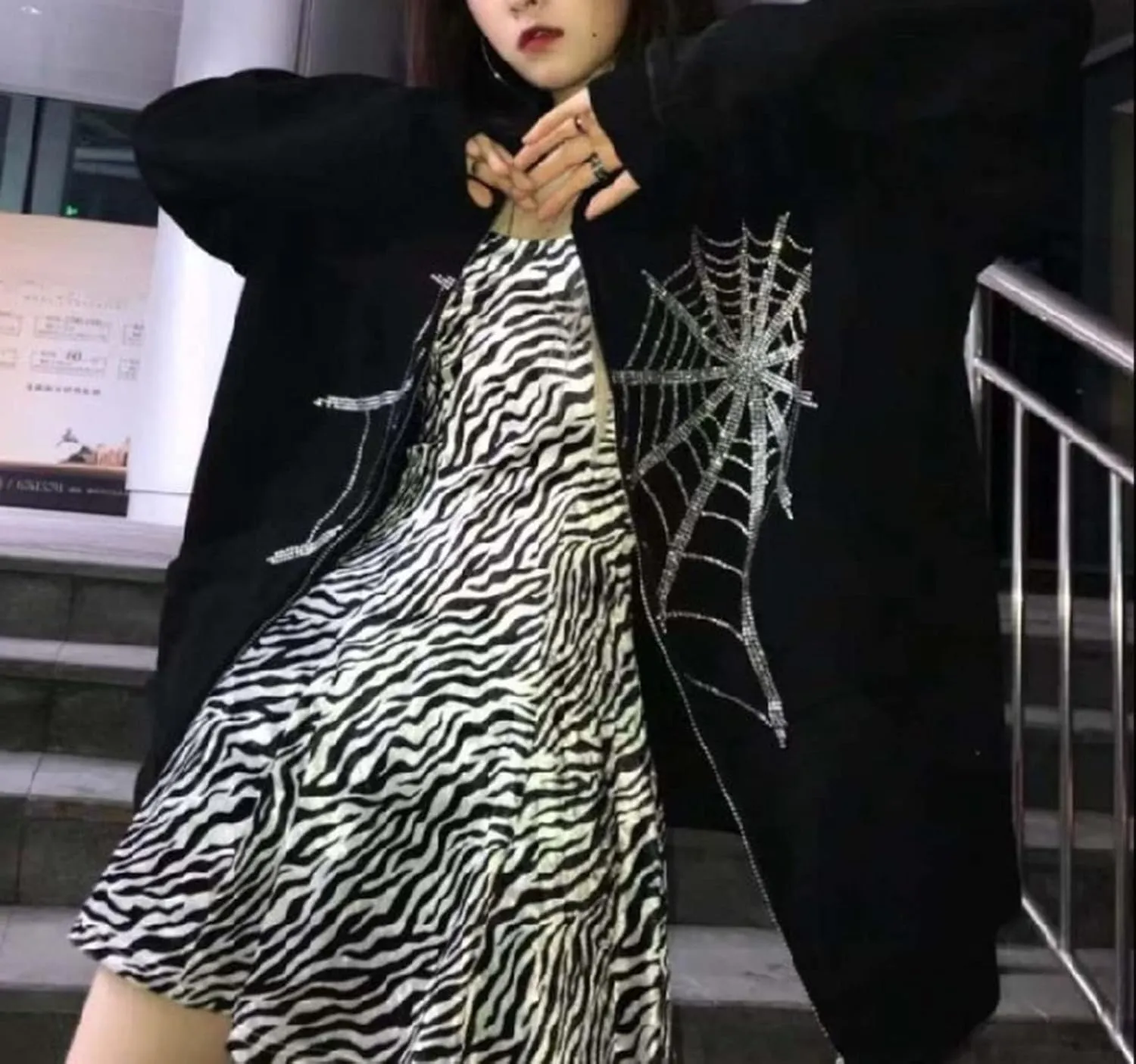 Spider Web Rhinestone Hoodie for Men Women, Long Sleeve Zip Up Glitter Gothic Y2K Jacket Cool Streetwear