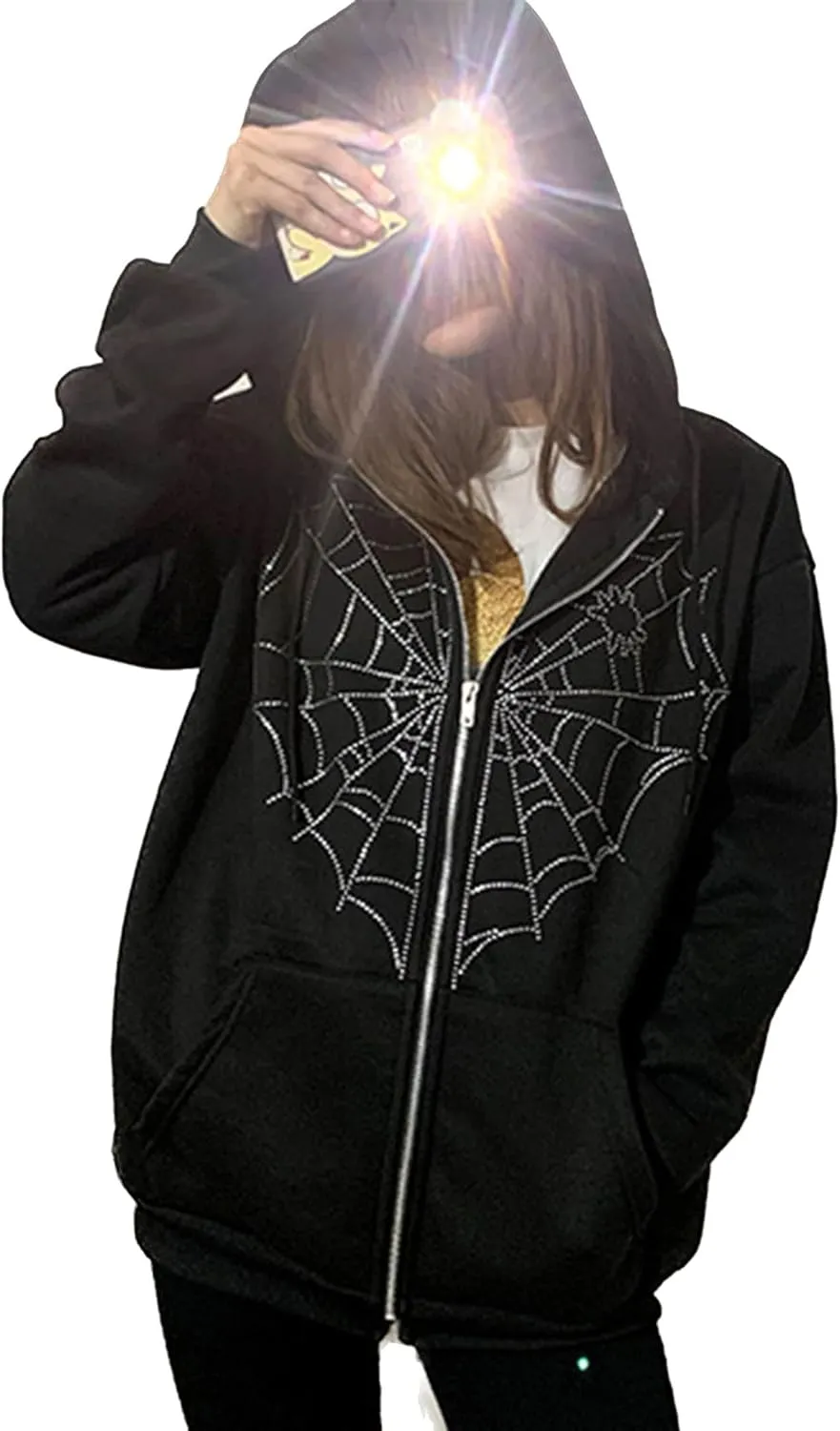 Spider Web Rhinestone Hoodie for Men Women, Long Sleeve Zip Up Glitter Gothic Y2K Jacket Cool Streetwear