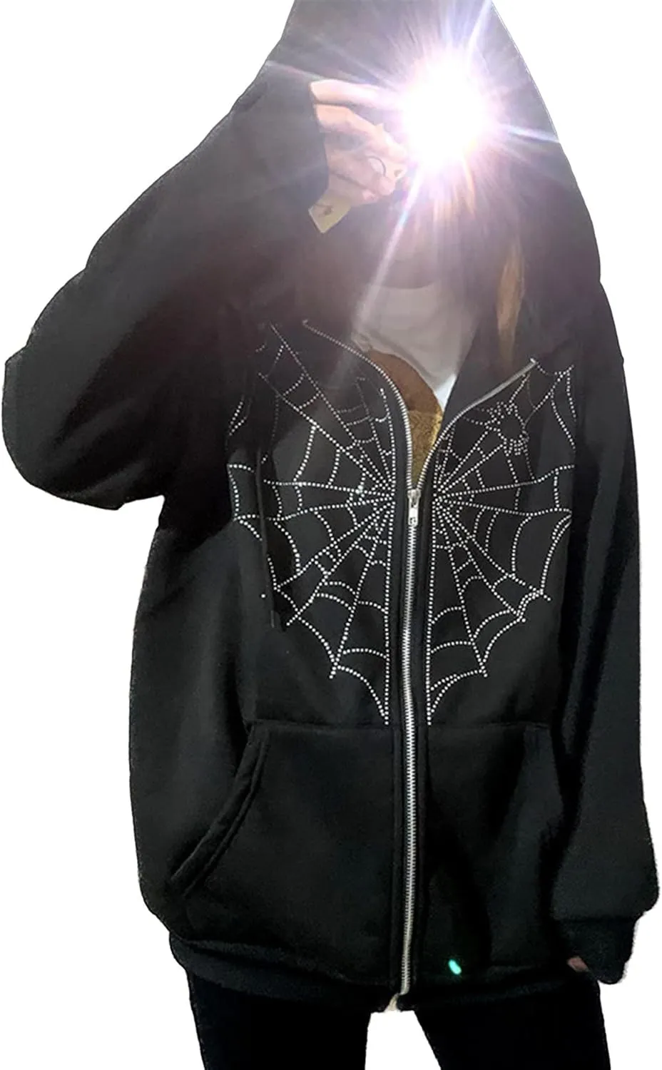 Spider Web Rhinestone Hoodie for Men Women, Long Sleeve Zip Up Glitter Gothic Y2K Jacket Cool Streetwear
