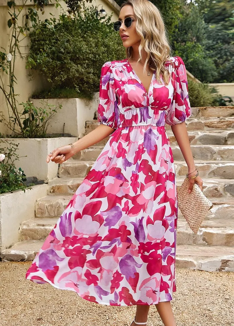 Spring Dresses for Women 2024 Casual,Temperament V-Neck Waist Printed Long Skirt,Puff-Sleeve V-Neck Floral Dress