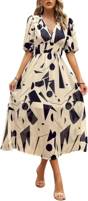 Spring Dresses for Women 2024 Casual,Temperament V-Neck Waist Printed Long Skirt,Puff-Sleeve V-Neck Floral Dress