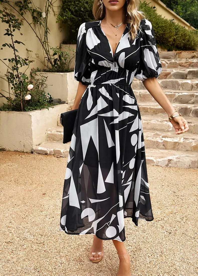 Spring Dresses for Women 2024 Casual,Temperament V-Neck Waist Printed Long Skirt,Puff-Sleeve V-Neck Floral Dress