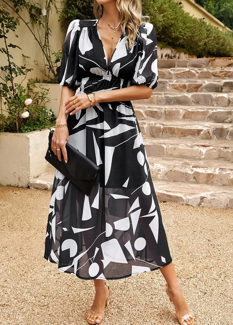 Spring Dresses for Women 2024 Casual,Temperament V-Neck Waist Printed Long Skirt,Puff-Sleeve V-Neck Floral Dress