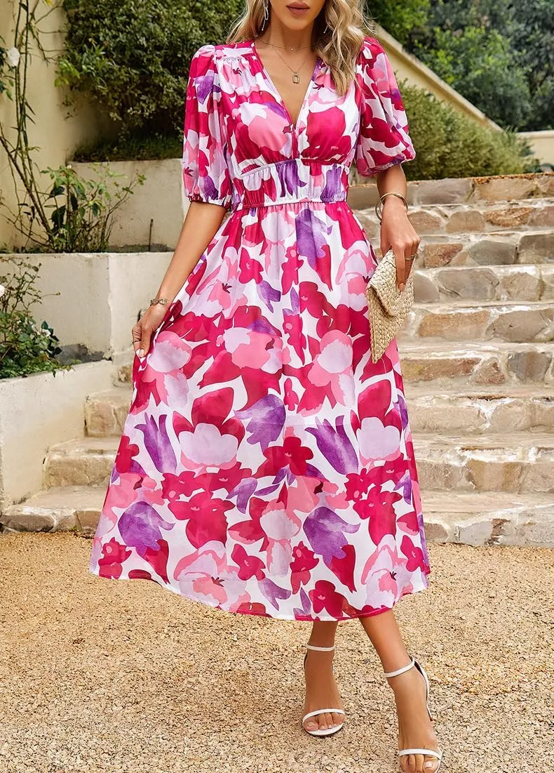 Spring Dresses for Women 2024 Casual,Temperament V-Neck Waist Printed Long Skirt,Puff-Sleeve V-Neck Floral Dress