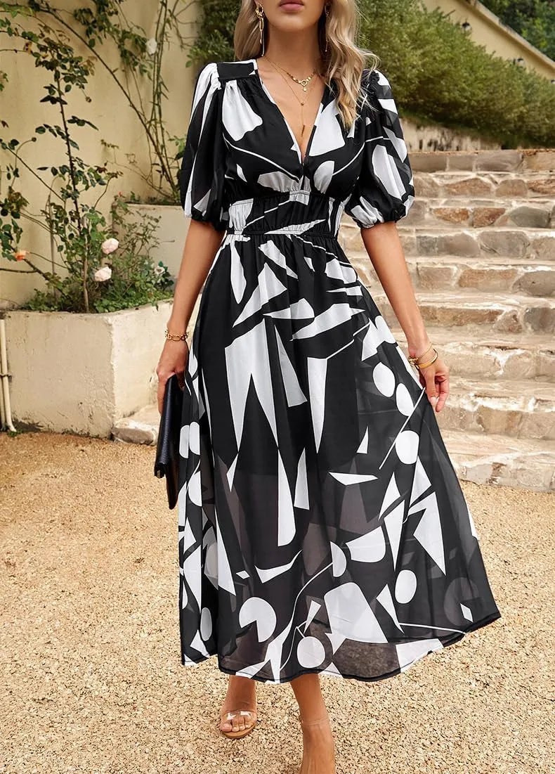 Spring Dresses for Women 2024 Casual,Temperament V-Neck Waist Printed Long Skirt,Puff-Sleeve V-Neck Floral Dress