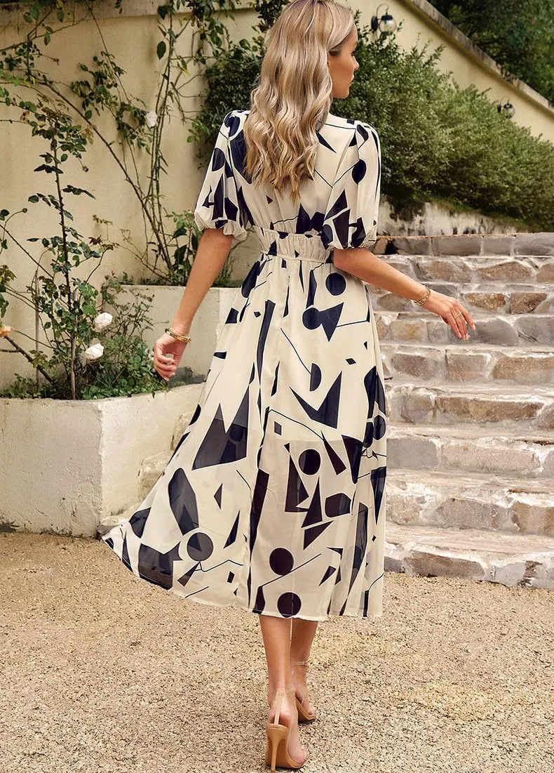 Spring Dresses for Women 2024 Casual,Temperament V-Neck Waist Printed Long Skirt,Puff-Sleeve V-Neck Floral Dress