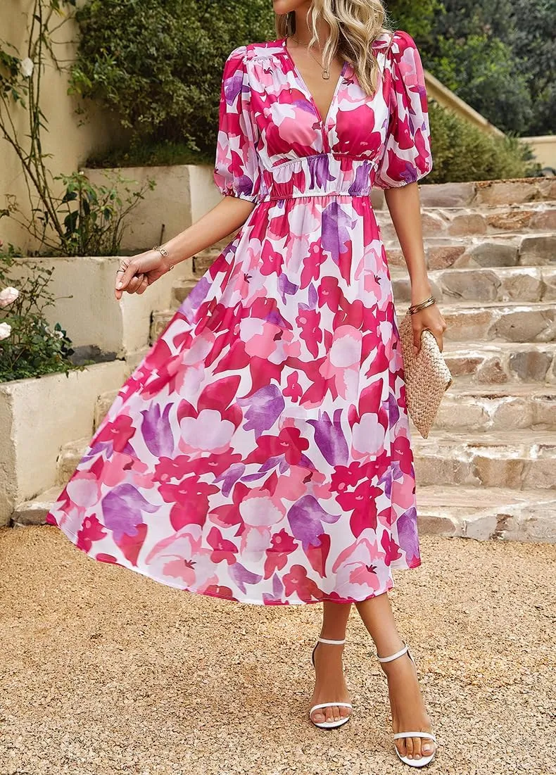 Spring Dresses for Women 2024 Casual,Temperament V-Neck Waist Printed Long Skirt,Puff-Sleeve V-Neck Floral Dress
