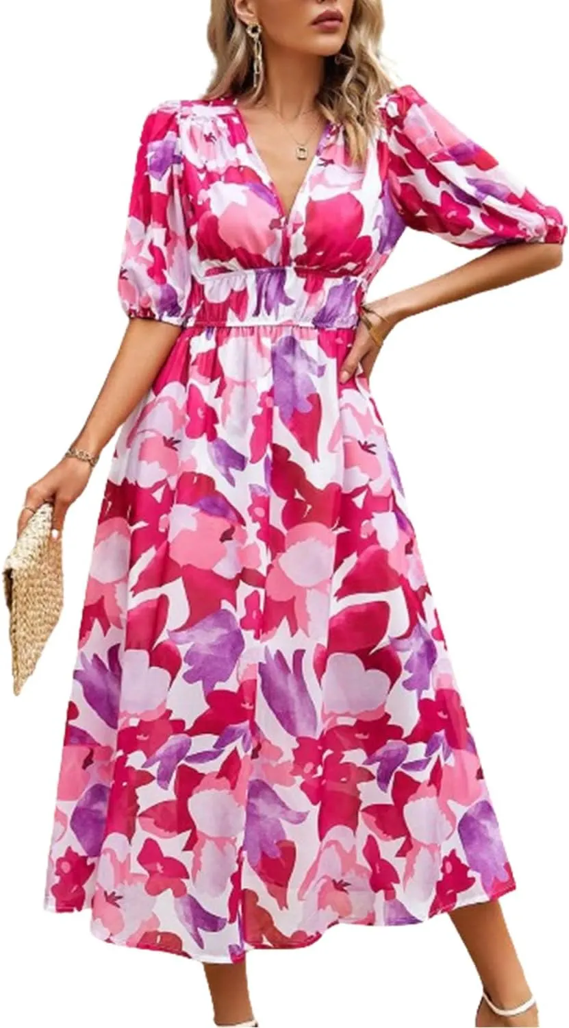 Spring Dresses for Women 2024 Casual,Temperament V-Neck Waist Printed Long Skirt,Puff-Sleeve V-Neck Floral Dress