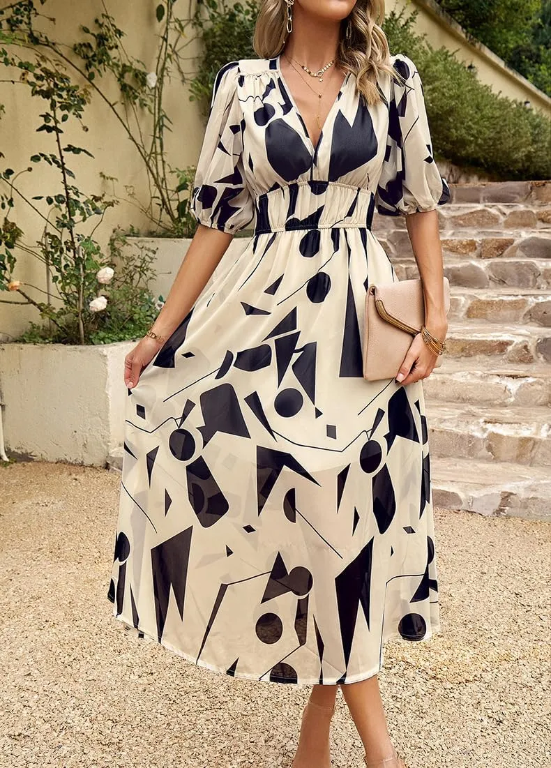 Spring Dresses for Women 2024 Casual,Temperament V-Neck Waist Printed Long Skirt,Puff-Sleeve V-Neck Floral Dress