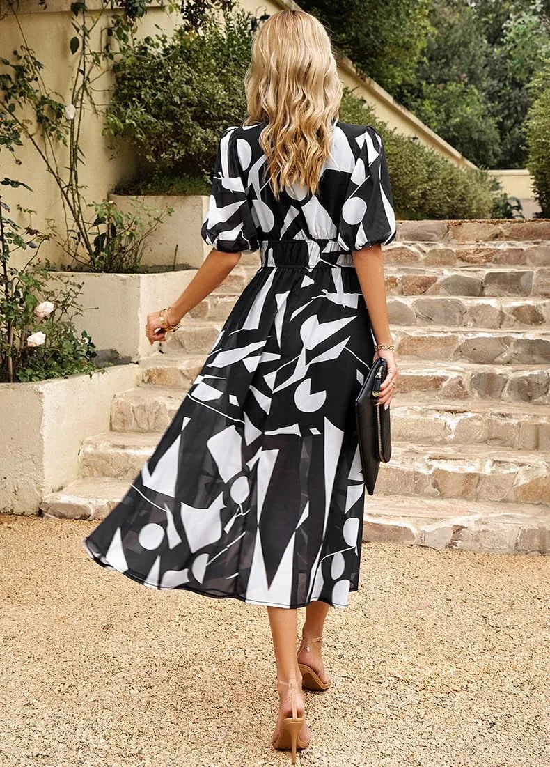 Spring Dresses for Women 2024 Casual,Temperament V-Neck Waist Printed Long Skirt,Puff-Sleeve V-Neck Floral Dress