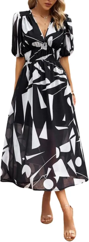 Spring Dresses for Women 2024 Casual,Temperament V-Neck Waist Printed Long Skirt,Puff-Sleeve V-Neck Floral Dress