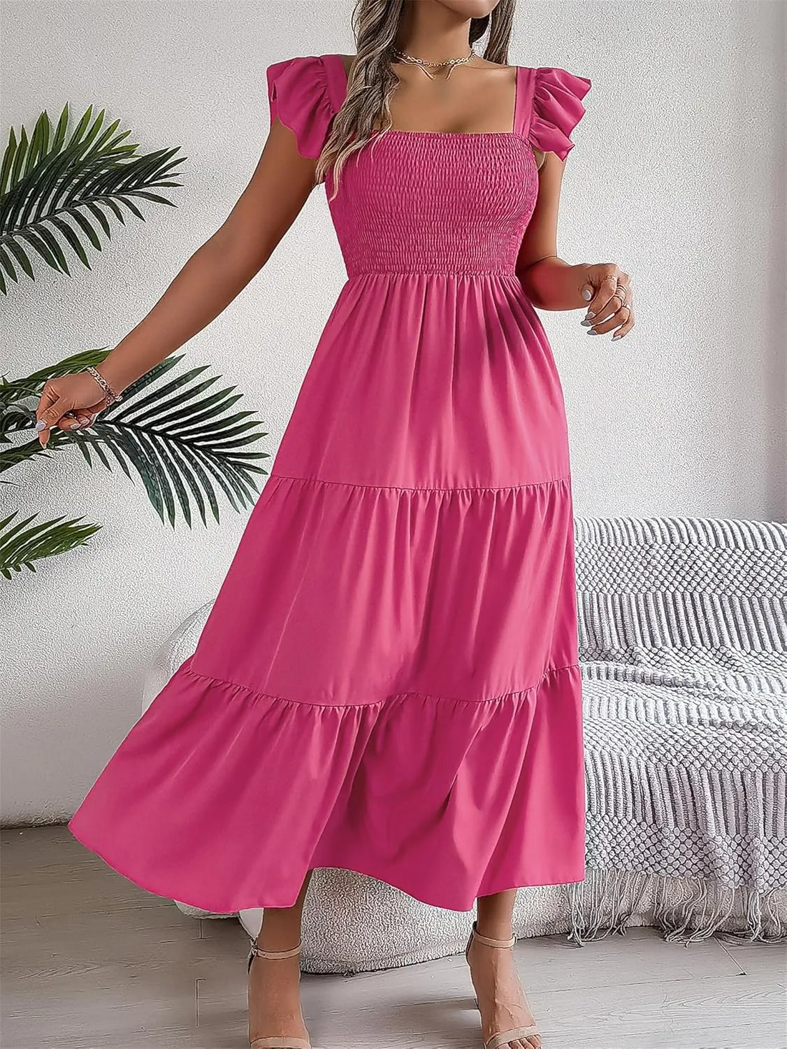 Summer Casual Bohemian Dresses for Women, Elastic Waist Tiered Midi Dress, Square Neck Ruffle Beach Sun Dress