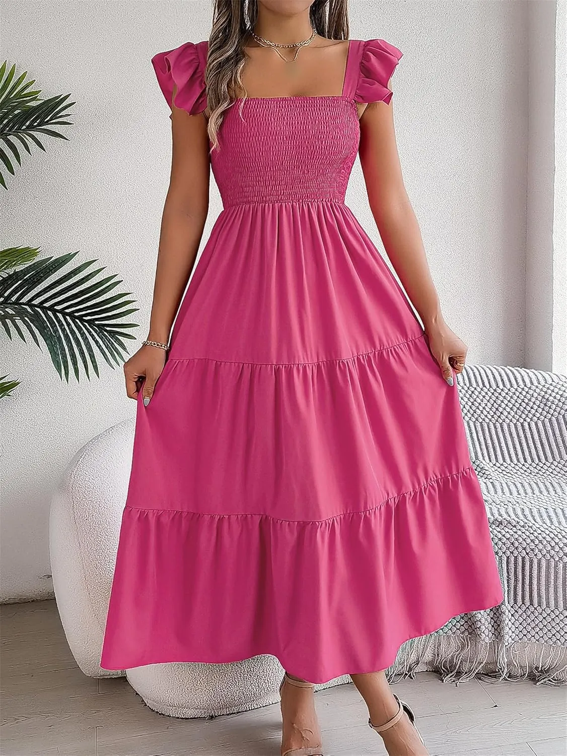 Summer Casual Bohemian Dresses for Women, Elastic Waist Tiered Midi Dress, Square Neck Ruffle Beach Sun Dress