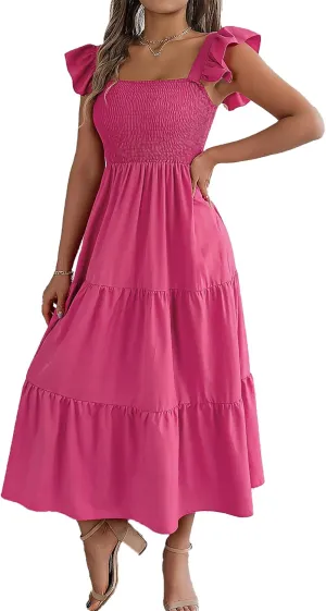 Summer Casual Bohemian Dresses for Women, Elastic Waist Tiered Midi Dress, Square Neck Ruffle Beach Sun Dress