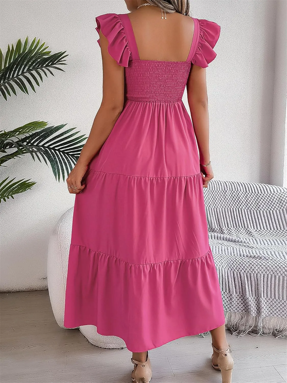 Summer Casual Bohemian Dresses for Women, Elastic Waist Tiered Midi Dress, Square Neck Ruffle Beach Sun Dress