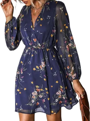 Summer Casual Wrap Dress for Women V Neck Ruffle Floral Print Long Sleeve Lightweight Mini Dress