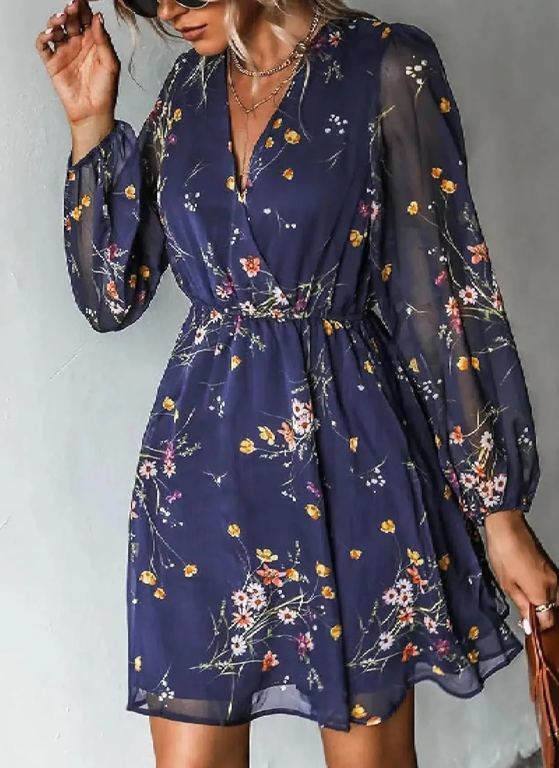 Summer Casual Wrap Dress for Women V Neck Ruffle Floral Print Long Sleeve Lightweight Mini Dress