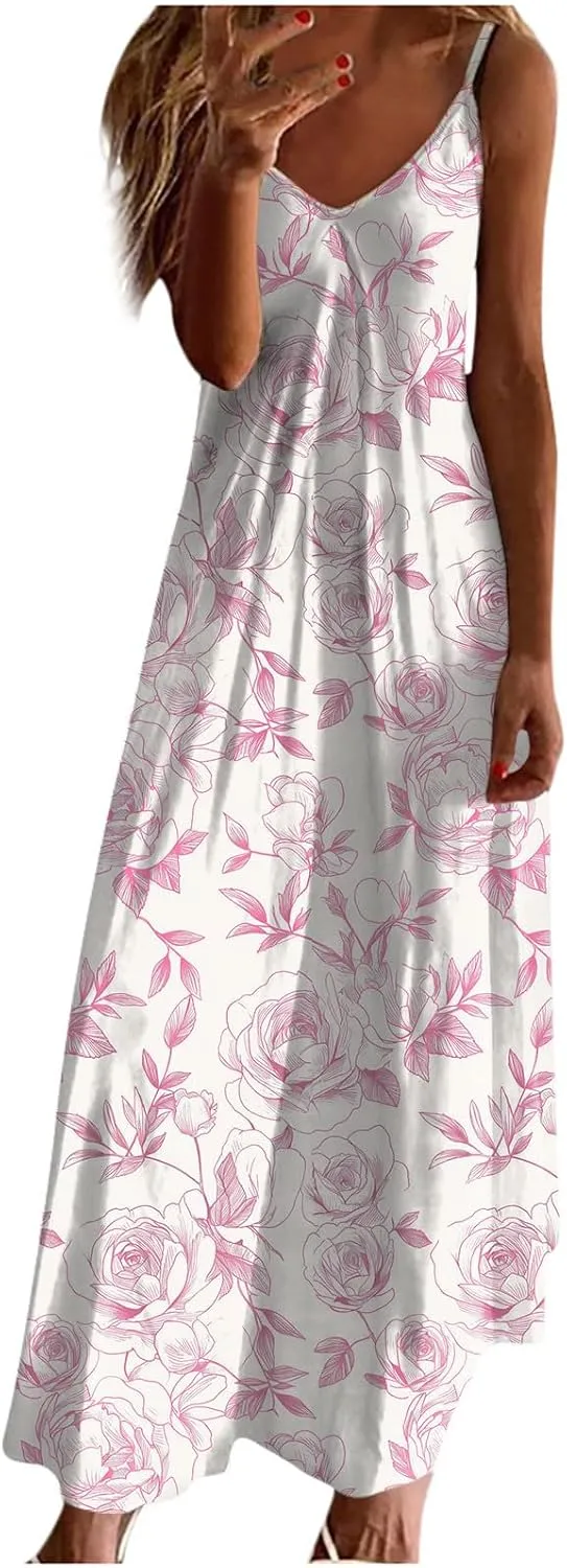 Summer Dresses for Women 2025 Beach Vacation Sexy Spaghetti Strap v Neck Sun Dress Flowy Maxi Long Sundresses Trendy