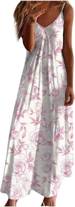 Summer Dresses for Women 2025 Beach Vacation Sexy Spaghetti Strap v Neck Sun Dress Flowy Maxi Long Sundresses Trendy