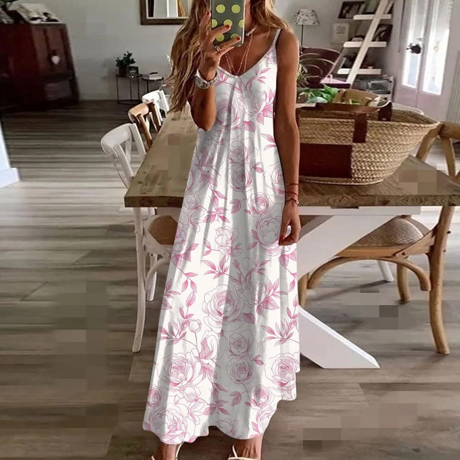 Summer Dresses for Women 2025 Beach Vacation Sexy Spaghetti Strap v Neck Sun Dress Flowy Maxi Long Sundresses Trendy