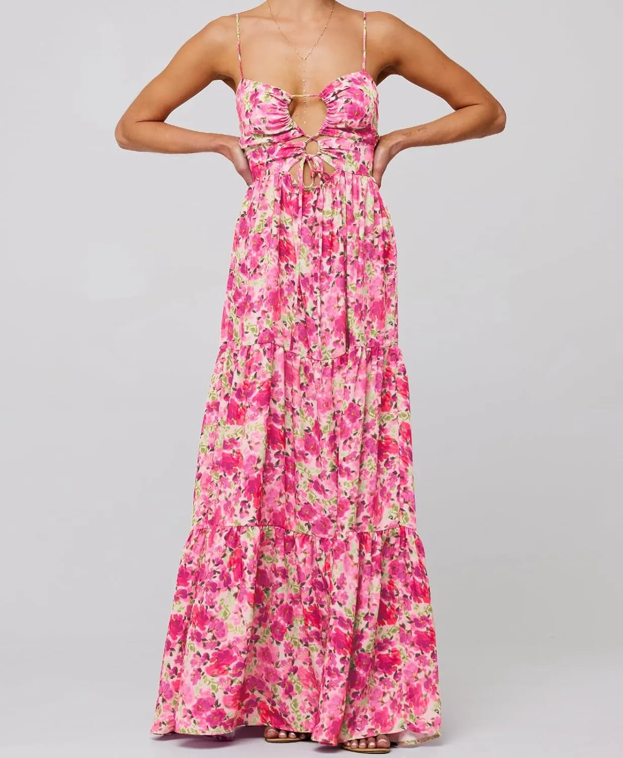 Summer Floral Sundress for Women Spaghetti Straps Hollow Out Tie Front Maxi Dress Flowy Smocked Bohemia Dress