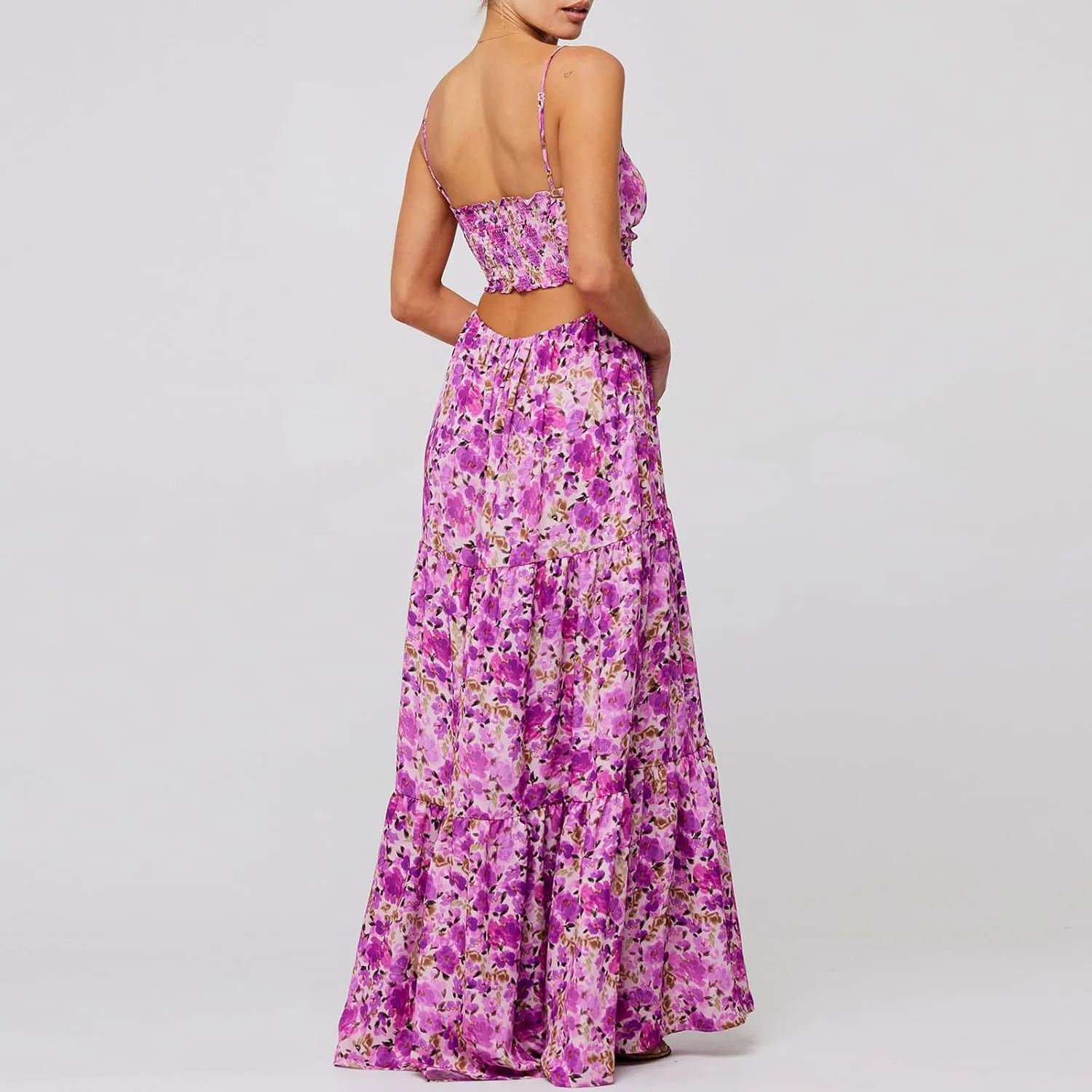 Summer Floral Sundress for Women Spaghetti Straps Hollow Out Tie Front Maxi Dress Flowy Smocked Bohemia Dress