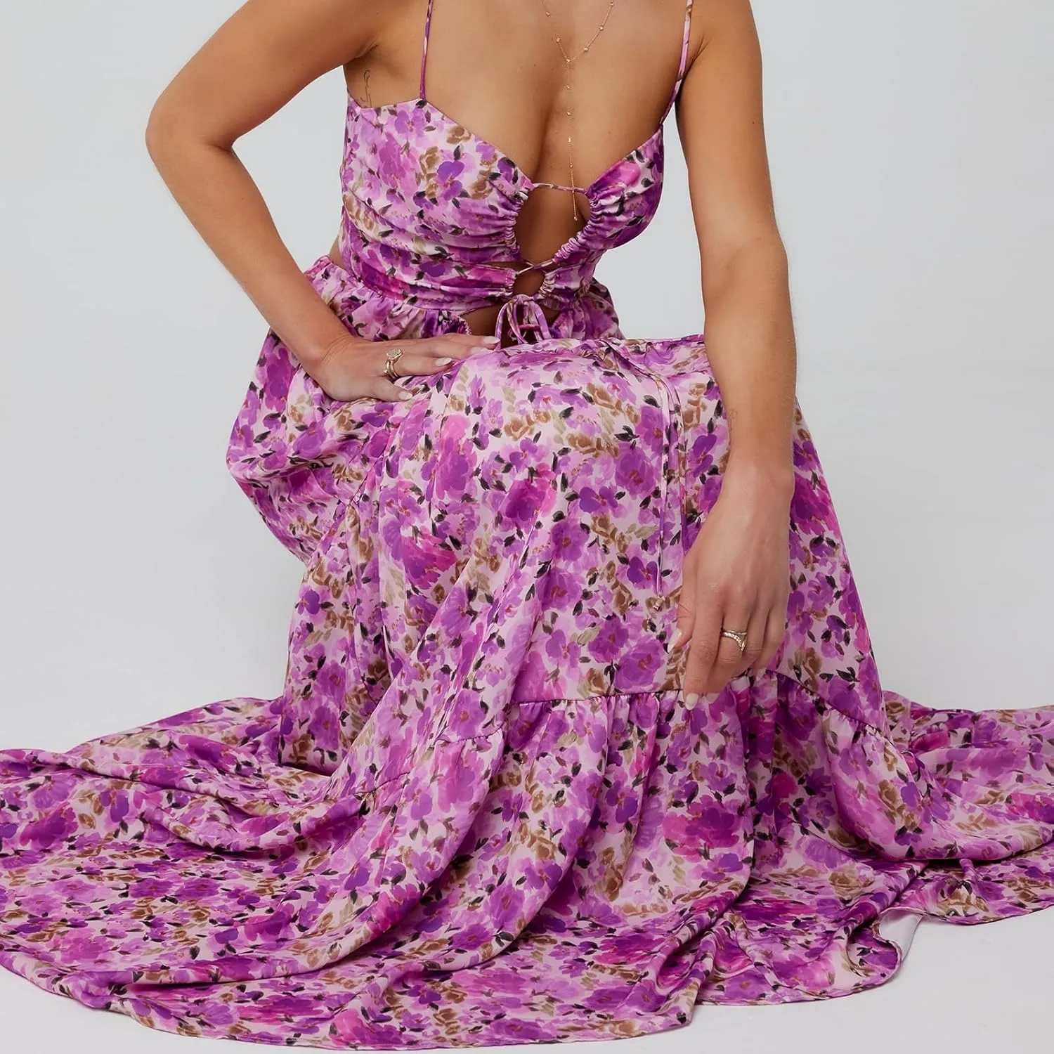 Summer Floral Sundress for Women Spaghetti Straps Hollow Out Tie Front Maxi Dress Flowy Smocked Bohemia Dress