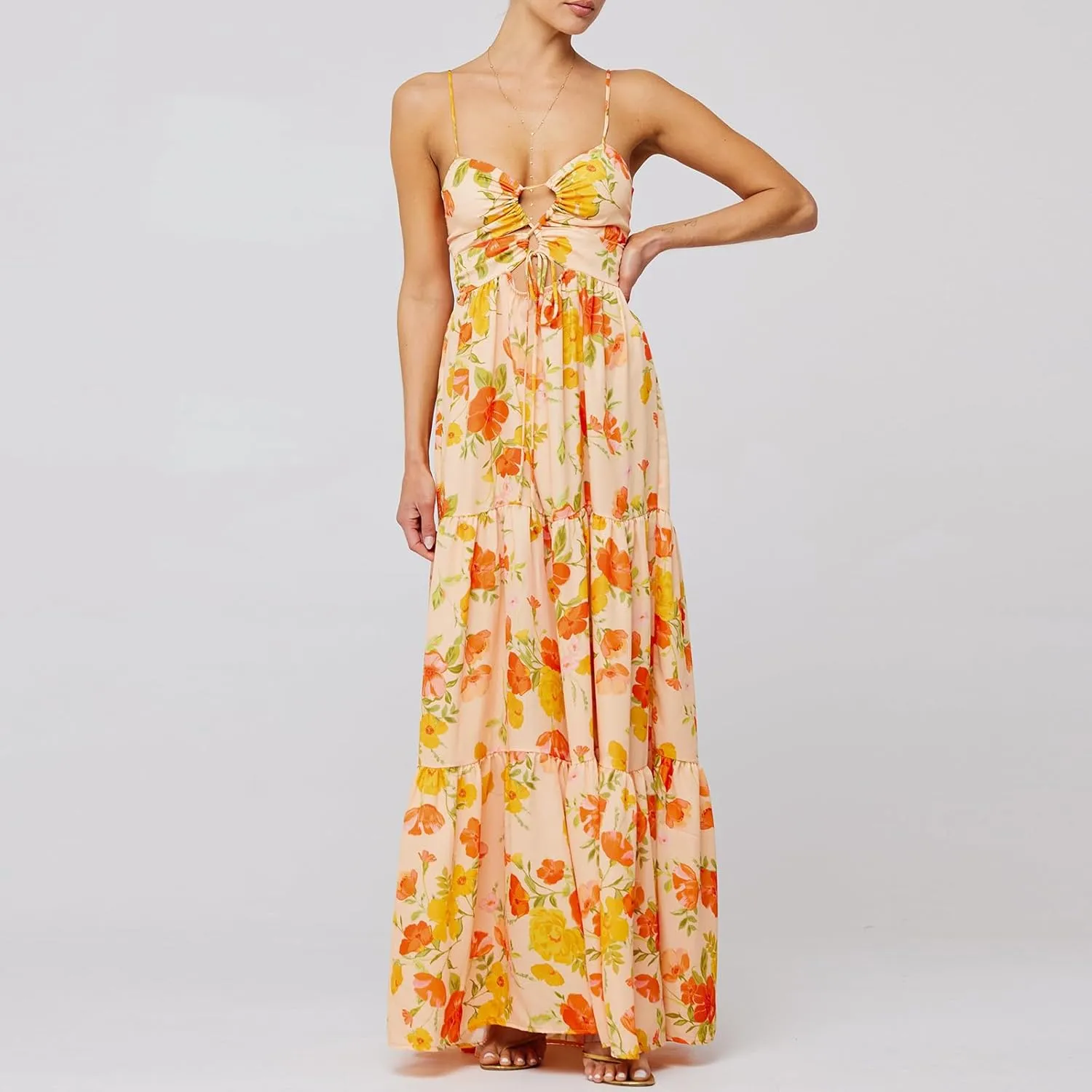 Summer Floral Sundress for Women Spaghetti Straps Hollow Out Tie Front Maxi Dress Flowy Smocked Bohemia Dress