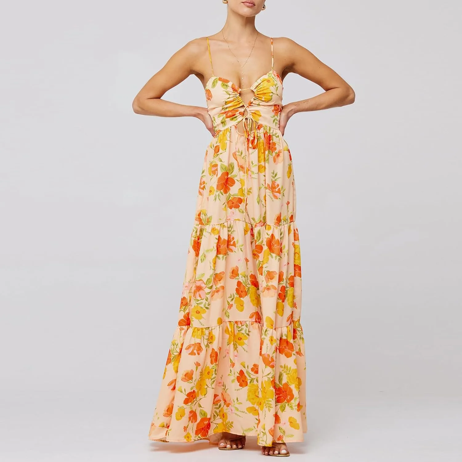 Summer Floral Sundress for Women Spaghetti Straps Hollow Out Tie Front Maxi Dress Flowy Smocked Bohemia Dress