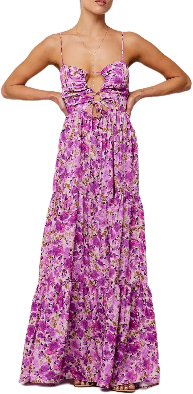 Summer Floral Sundress for Women Spaghetti Straps Hollow Out Tie Front Maxi Dress Flowy Smocked Bohemia Dress