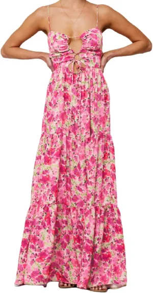 Summer Floral Sundress for Women Spaghetti Straps Hollow Out Tie Front Maxi Dress Flowy Smocked Bohemia Dress