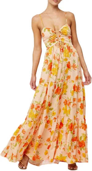 Summer Floral Sundress for Women Spaghetti Straps Hollow Out Tie Front Maxi Dress Flowy Smocked Bohemia Dress