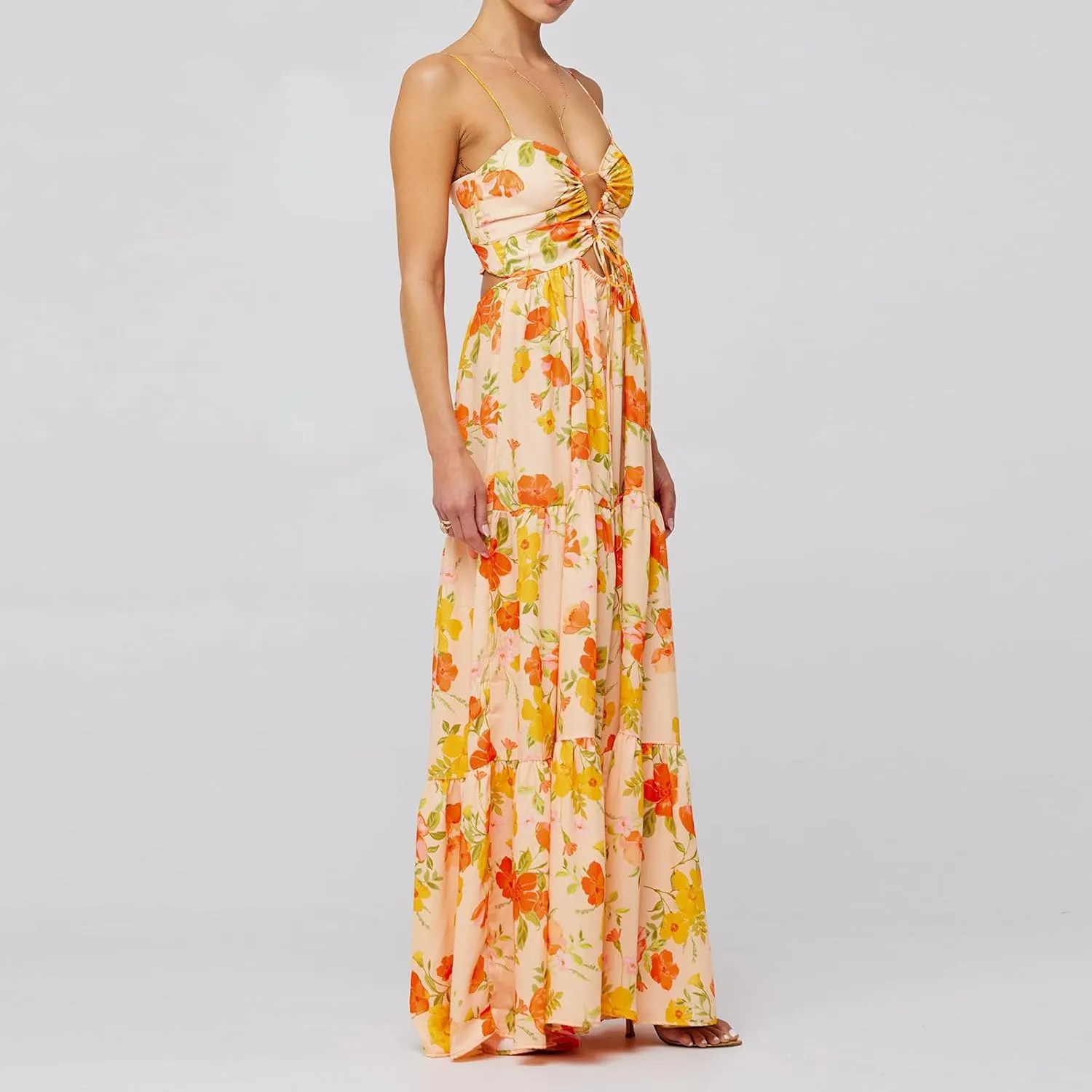 Summer Floral Sundress for Women Spaghetti Straps Hollow Out Tie Front Maxi Dress Flowy Smocked Bohemia Dress
