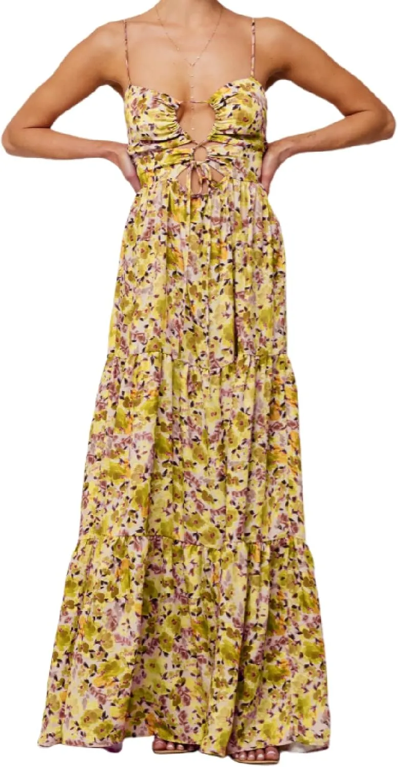 Summer Floral Sundress for Women Spaghetti Straps Hollow Out Tie Front Maxi Dress Flowy Smocked Bohemia Dress