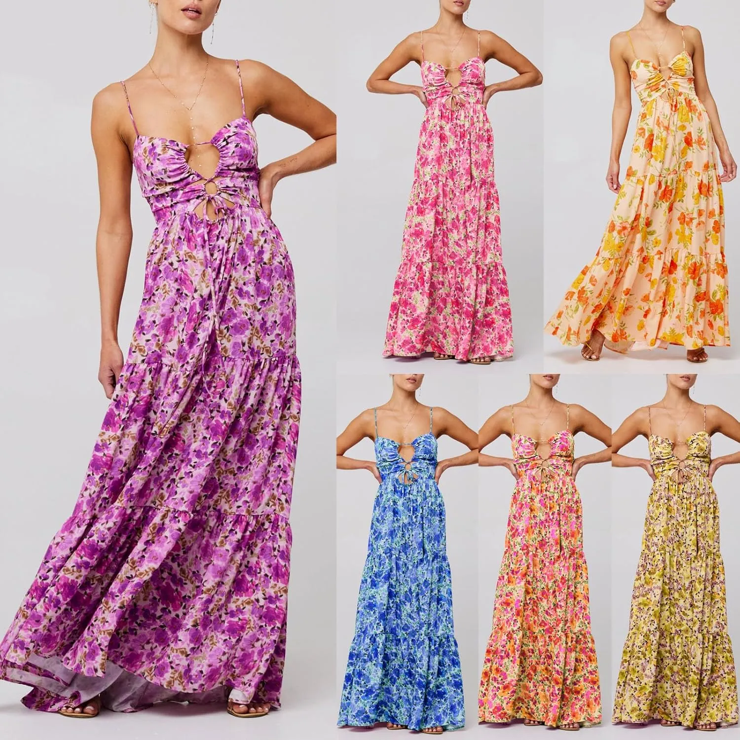 Summer Floral Sundress for Women Spaghetti Straps Hollow Out Tie Front Maxi Dress Flowy Smocked Bohemia Dress