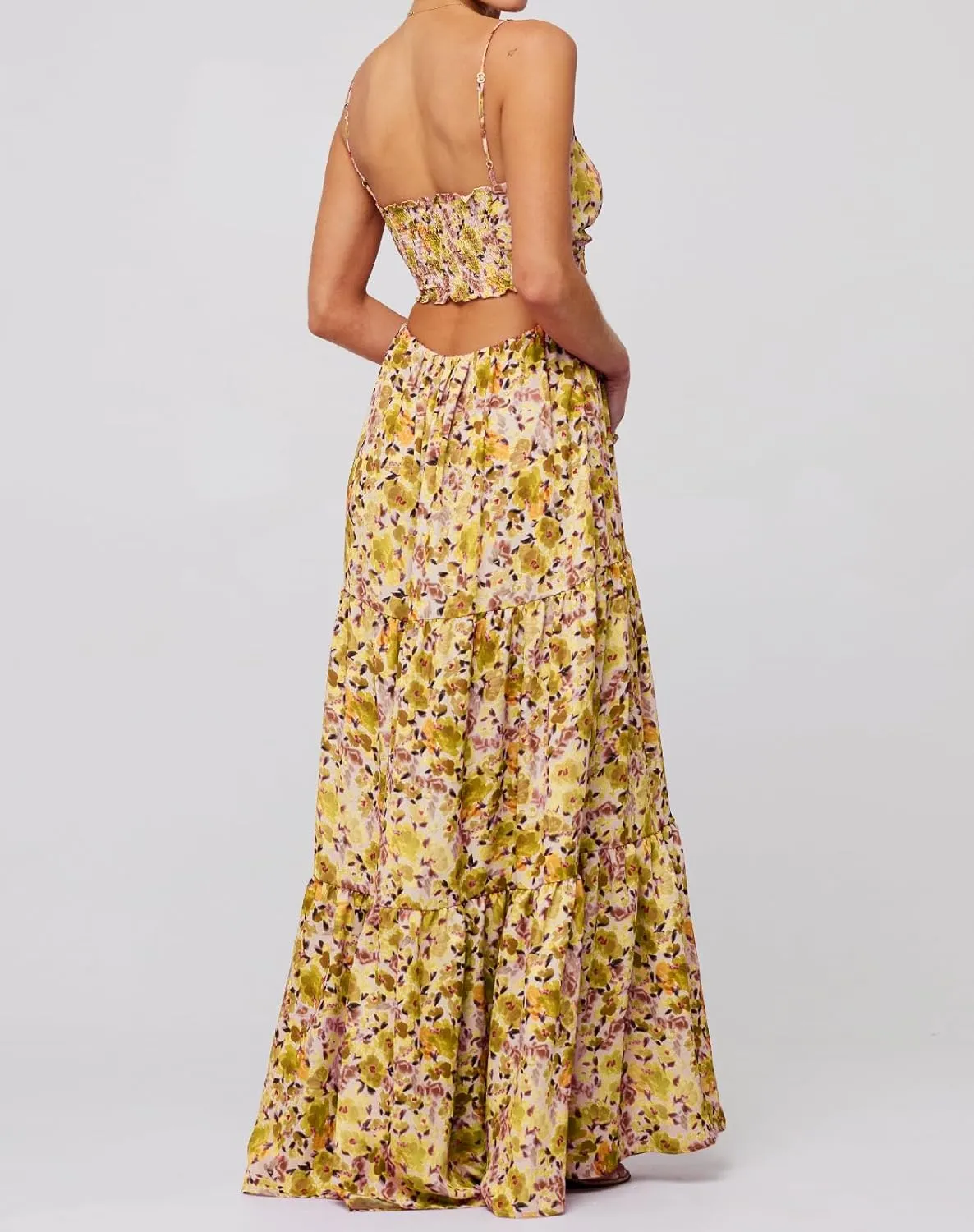 Summer Floral Sundress for Women Spaghetti Straps Hollow Out Tie Front Maxi Dress Flowy Smocked Bohemia Dress